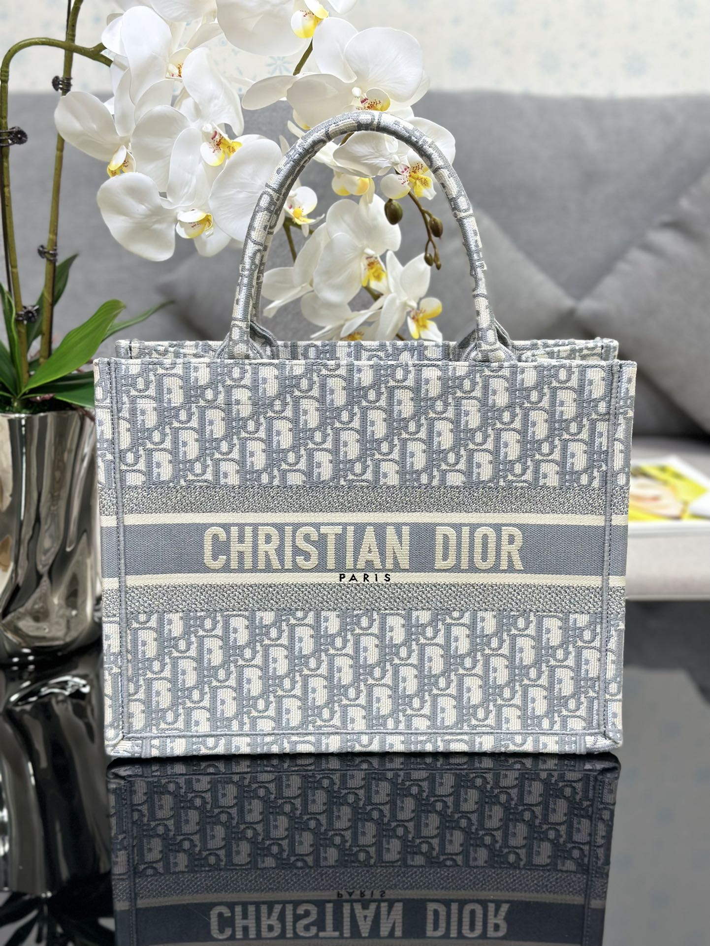 Medium Dior Book Tote Bag Ecru and Gray Dior Oblique Embroidery